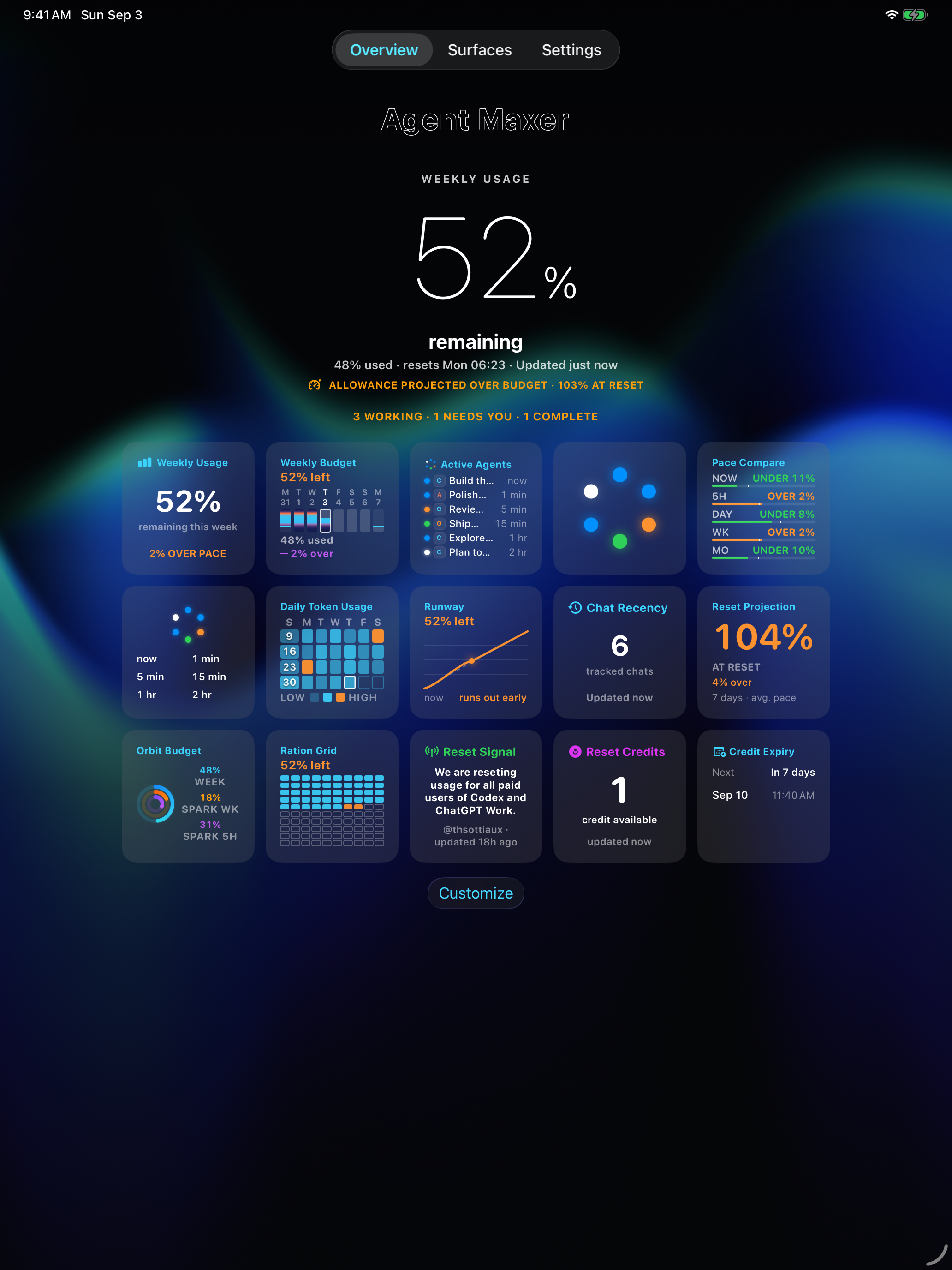 Native Agent Maxer iPad Overview showing all 15 widgets with sample usage and active chats.