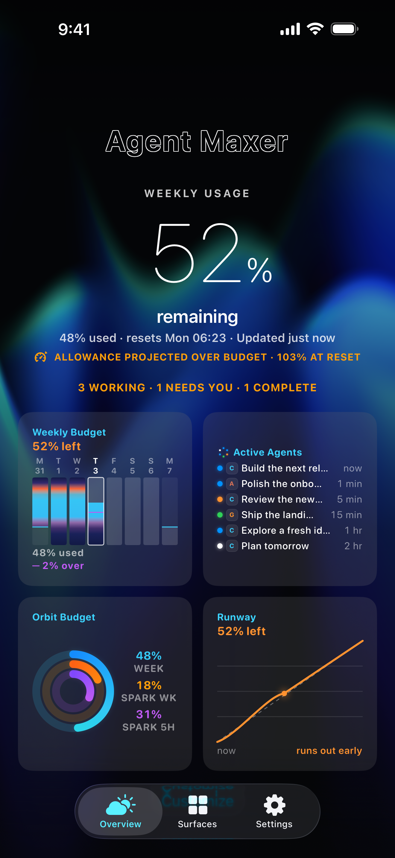 Native Agent Maxer iPhone Overview showing sample weekly usage and dashboard widgets.