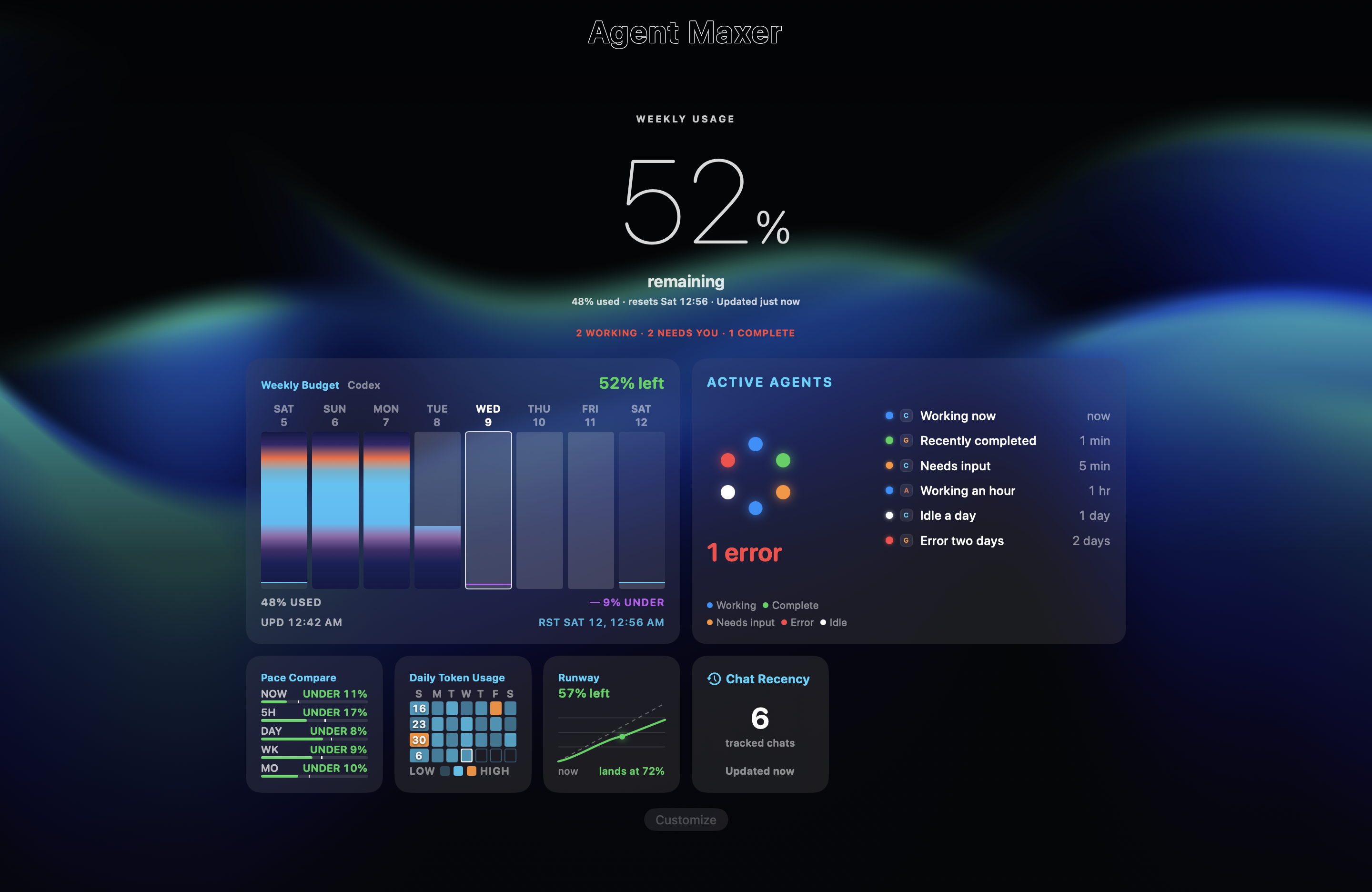 Native Agent Maxer Mac Overview showing usage and the widget dashboard.