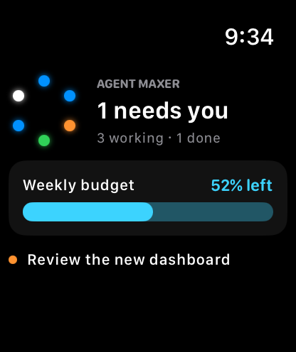 Native Agent Maxer Watch dashboard showing chat status, weekly allowance, and a task needing attention.